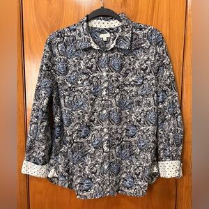 Talbots Black Blue Floral Button-Down Shirt Polkadot Collar Cuffs Size L Petite